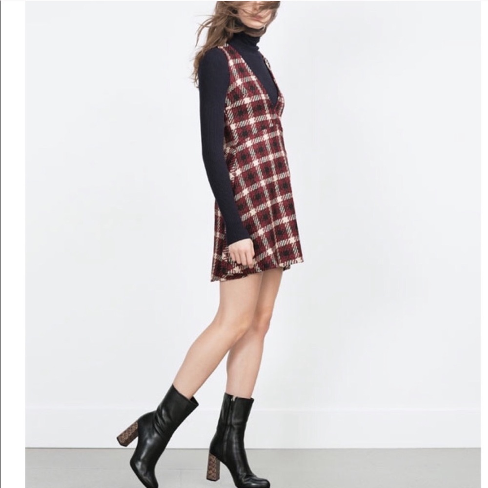 Zara red plaid knit v neck jumper dress M